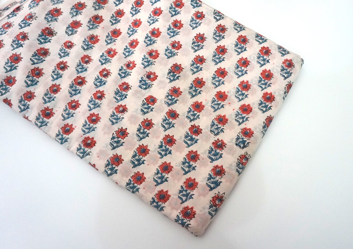 Red Small Floral Hand Block Print Cotton Fabric