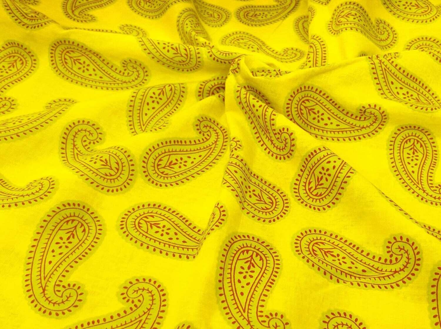Yellow Paisley Cotton Fabric, Indian Block Print Fabrics, Sewing Crafting Quilting, 44 Inches Wide