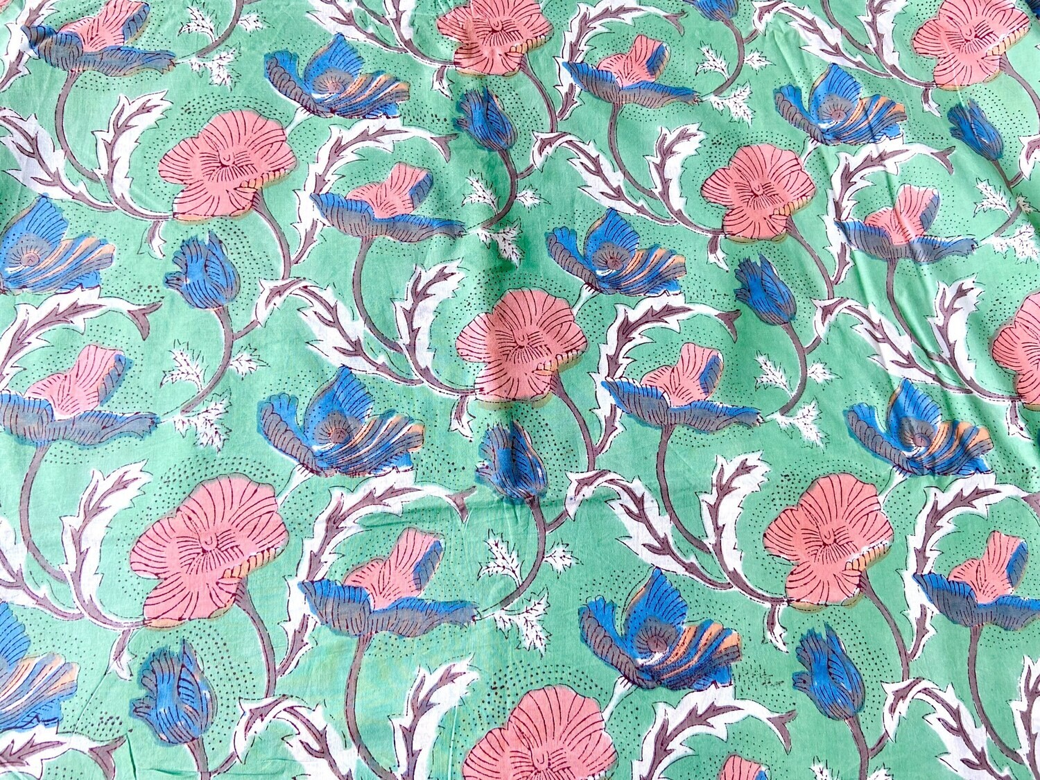 Green Floral Hand Block Print Fabric, 100% Cotton, Lightweight, Big Flower Print, Medium Opacity, 44 Inches Wide