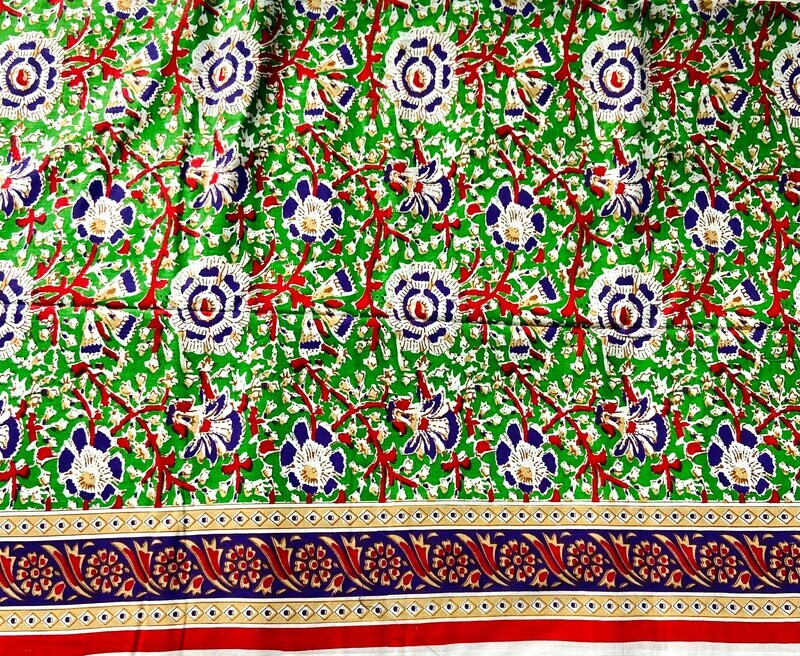 Green Floral Cotton Fabric With Border, Screen Print, Dress Materials, 44 Inches Wide
