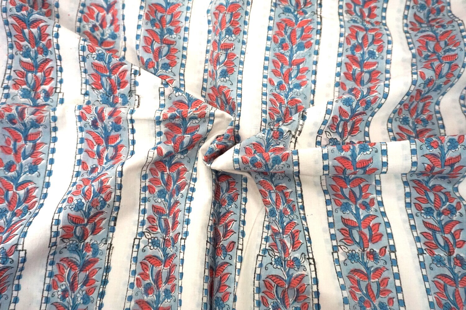 Red Blue Floral Striped Hand Block Print Fabric, 100% Cotton