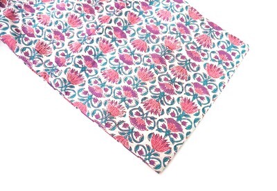 Red Blue Floral Hand Block Print Fabric, 100% Cotton
