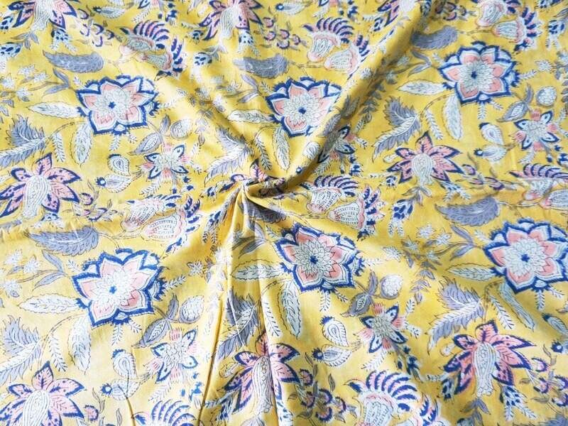 Yellow Floral Hand Block Print Cotton Fabric, Cotton Dress Materials, Lightweight Cotton,  44 Inch Wide