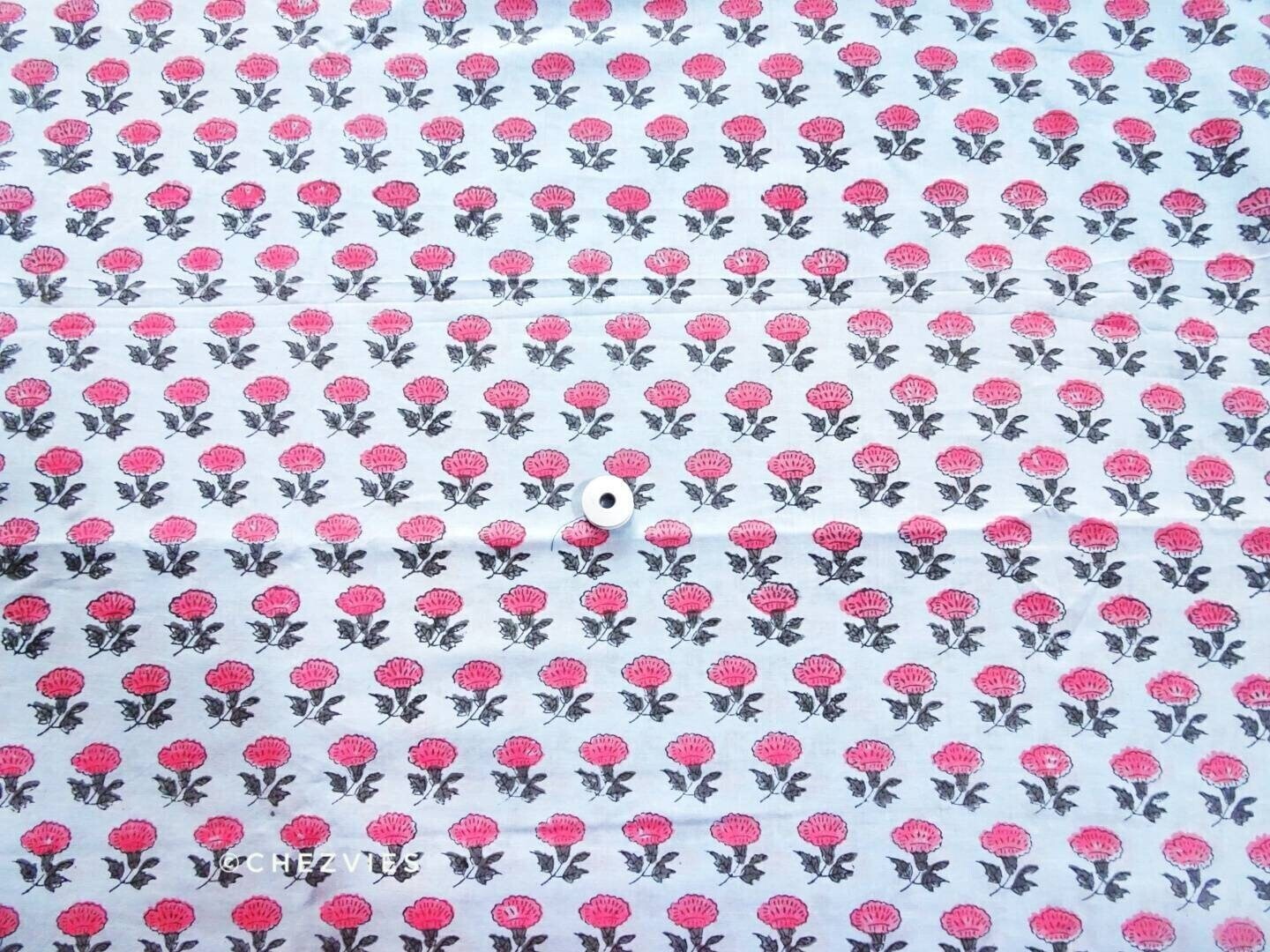 Floral Cotton Fabric, Hand Block Print Fabrics, Light Blue Pink, 44 inches wide sold by half yard