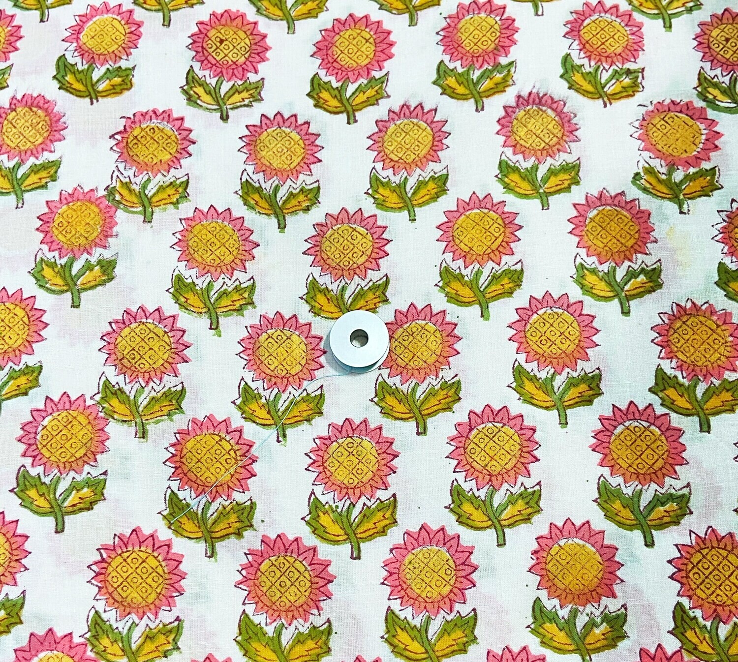 Sunflower Floral Indian Hand Block Print Cotton Fabric, Sewing Quilting Crafting Fabric, 44 Inch Wide, Sold by Half Yard