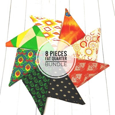 Orange Green Hand Block Print Fat Quarter Bundle for Sewing, Quilting, Kawandi, DIY, Scrunchies, 8 pieces
