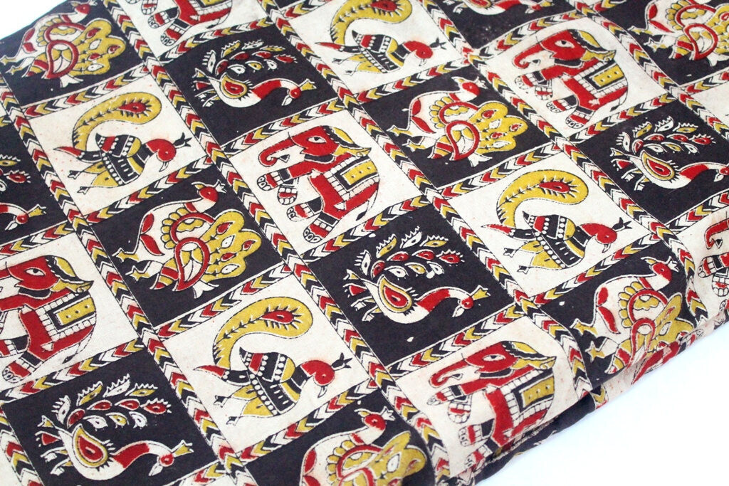 Elephant Fabric, Kalamkari Block Print Fabric, Mud cloth, Peacock Print, 44 Inches Wide,