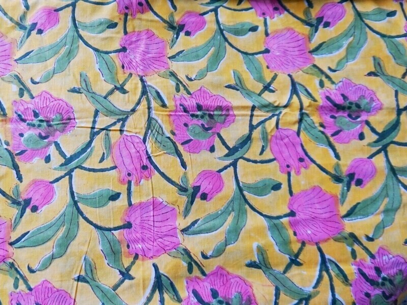 Hand Block Print Cotton Fabric, Lightweight Big Floral Pattern, 44 Inches Wide, Sold by Half Yard