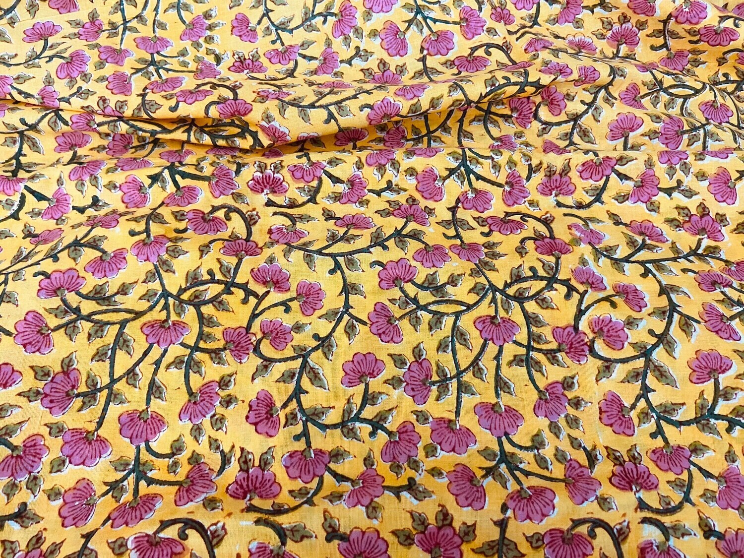 Hand Block Print Cotton Fabric, Small Pink Floral, Turmeric Yellow, 44 Inch Wide