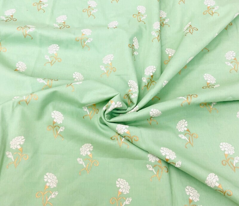Pistachio Green Floral Indian Cotton Fabrics with Gold Print  44 Inches Wide