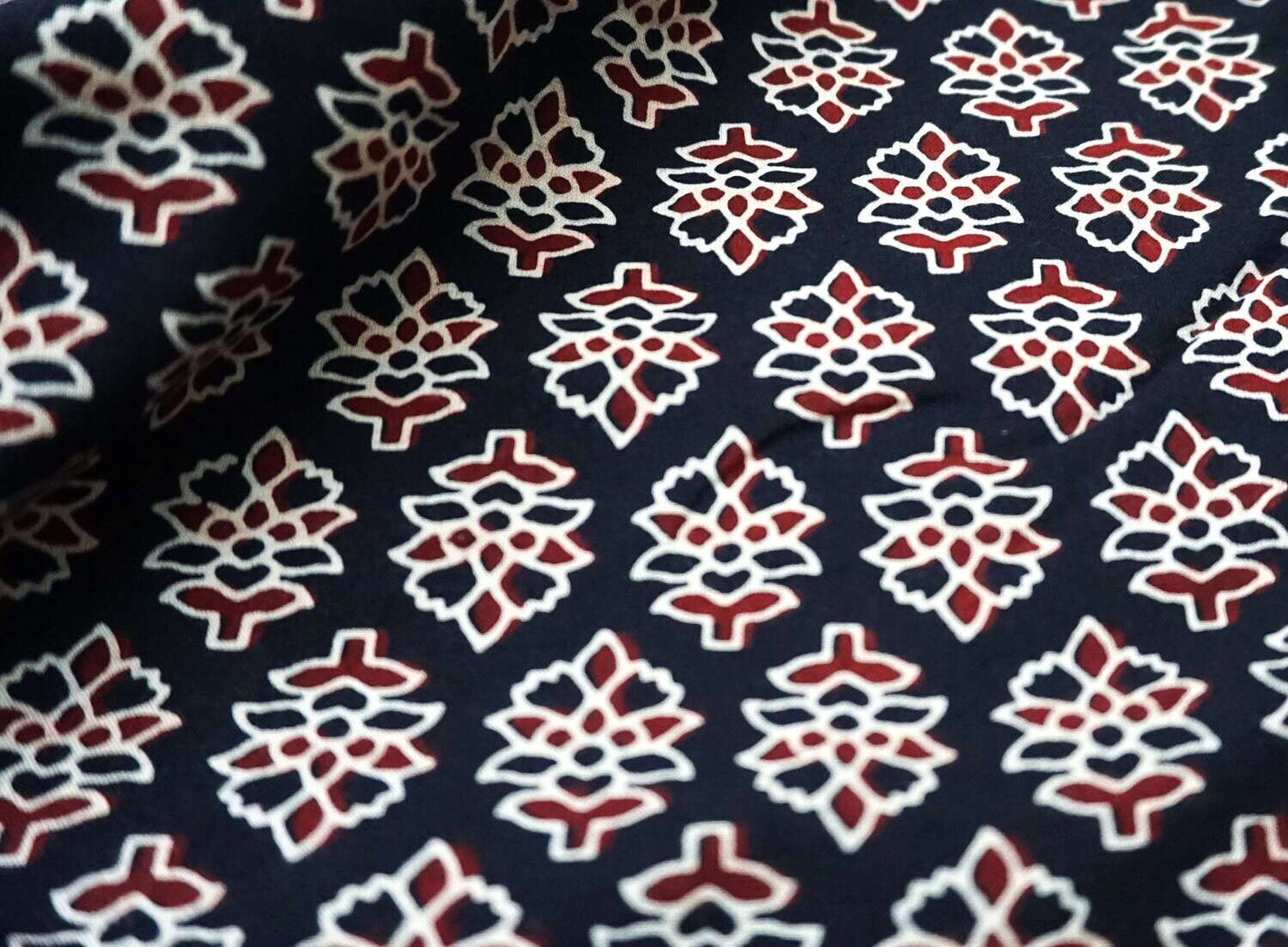 Small Floral Cotton Fabric, Kalamkari Ajrakh, Indian Block Print Fabrics, Dress Fabric, 44 Inch Wide