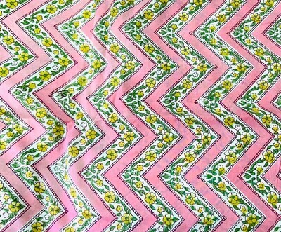 Pink Chevron Hand Block Print Indian Cotton Fabric, Floral Cotton Fabrics for Sewing Quilting Crafting, 44 Inch Wide, Sold by Half Yard