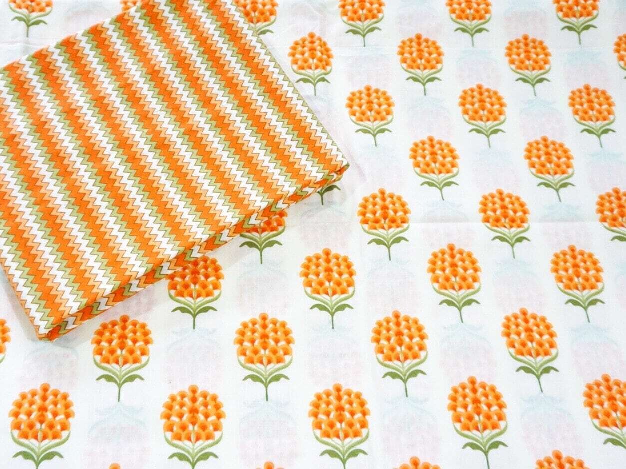 Orange and White Unstitched Dress Materials for Women