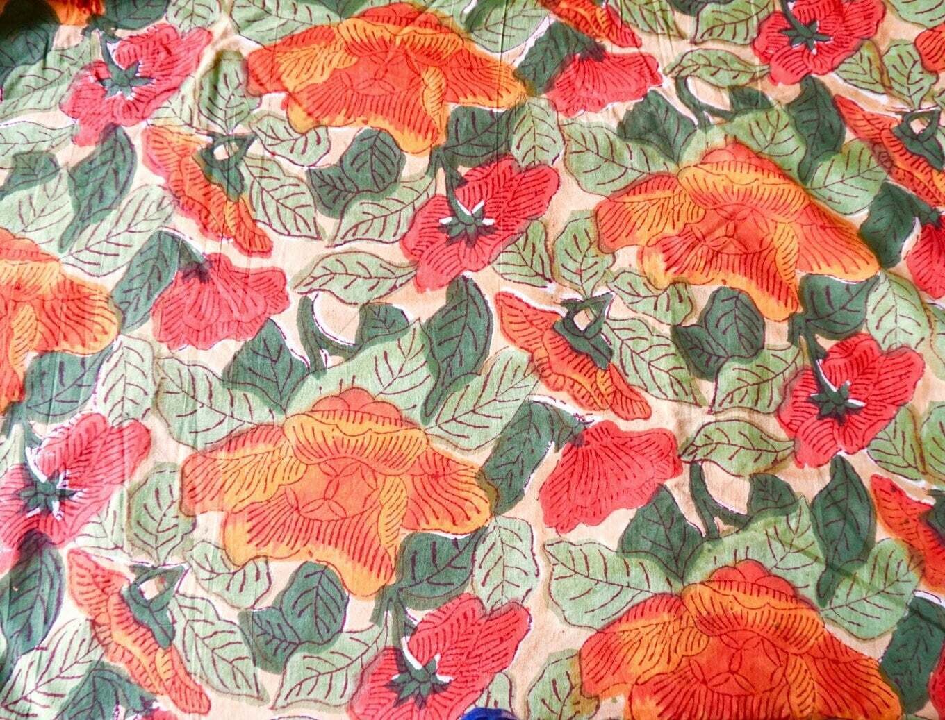 Multi Color Floral Hand Block Print Fabric, 100% Cotton, Lightweight, Big Flower Print, Medium Opacity, 44 Inches Wide, Sold by Half Yard