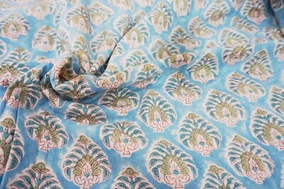 Blue Floral Hand Block Print Indian Cotton Fabric, Sewing Quilting Crafting Fabric, 44 Inch Wide, Sold by Half Yard