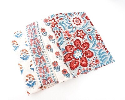 Floral Hand Block Print Fat Quarter Fabric Bundle for Patchwork, Quilting, 4 pieces
