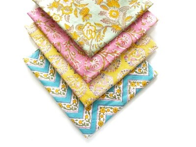 Floral Fat Quarter Fabric Bundle for Patchwork and Quilting, Hand Block Print, 4 pieces
