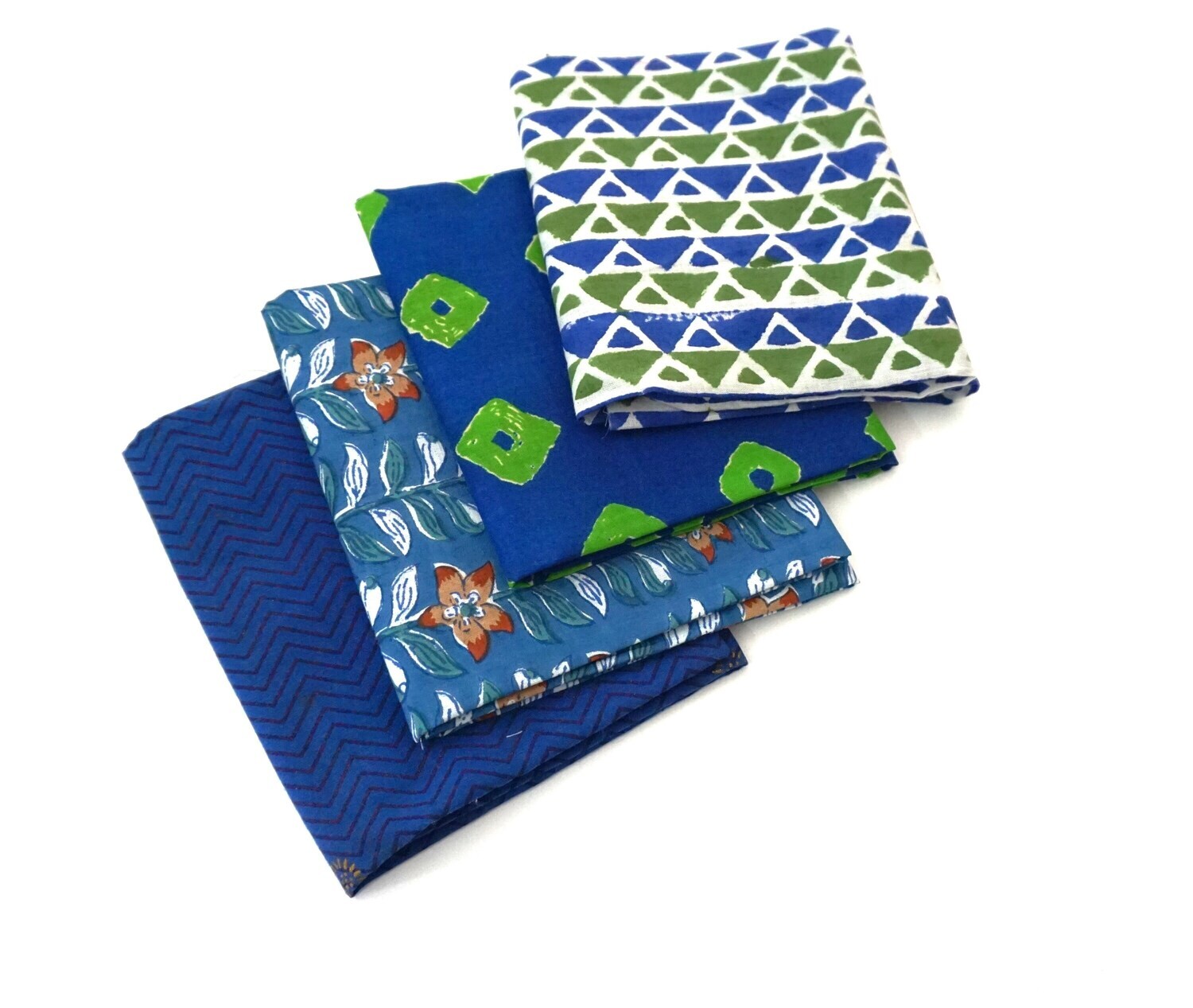 Blue Fat Quarter Fabric Bundle, Hand Block Print, Indian Fabric Bundle, Patchwork, Quilting, Crafting, Summer Fabric Bundle
