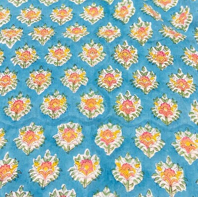 Teal Blue Small Floral Hand Block Print Cotton Fabric, Dress Materials, Lightweight Cotton Fabric, 44 Inch Wide, Sold by Half Yard