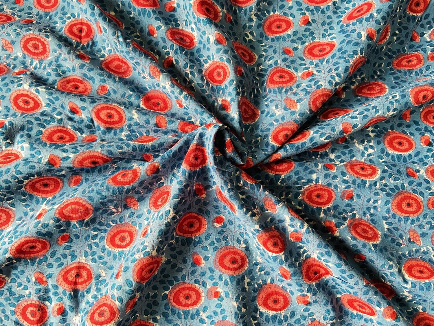 Red Indigo Floral Hand Block Print Indian Cotton Fabric for Dress Making, Sewing Quilting Crafting Fabric, 44 Inch Wide, Sold by Half Yard
