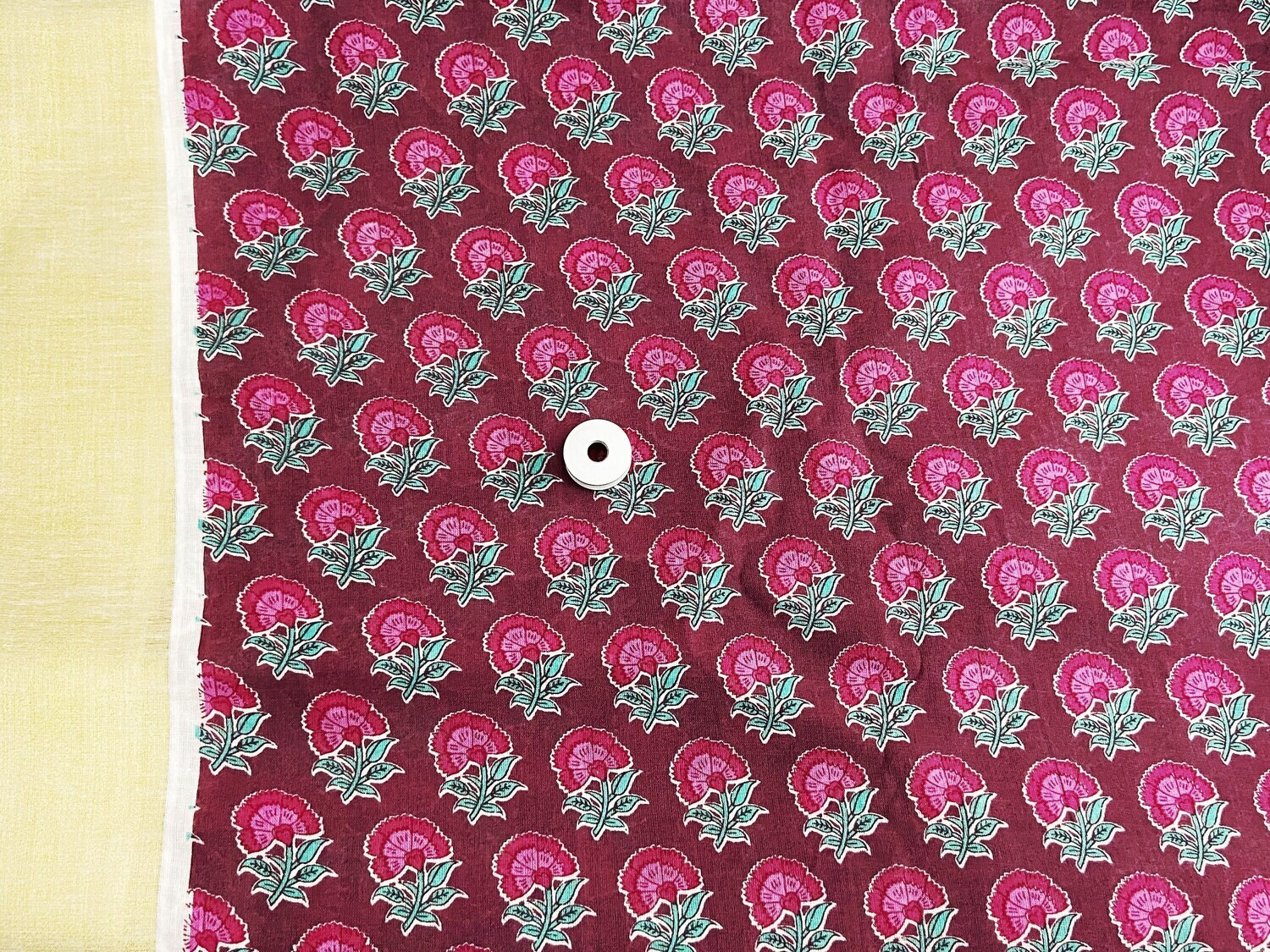 Indian Cotton Fabric with Gold Border, Chanderi Cotton Fabric, Dressmaking Sewing Crafting Fabric, Dark Pink Burgundy Fabric, Marigold Print
