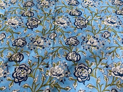 Blue floral hand block print cotton fabric for dressmaking, sewing, quilting crafting, 44 inches wide, sold by half yard