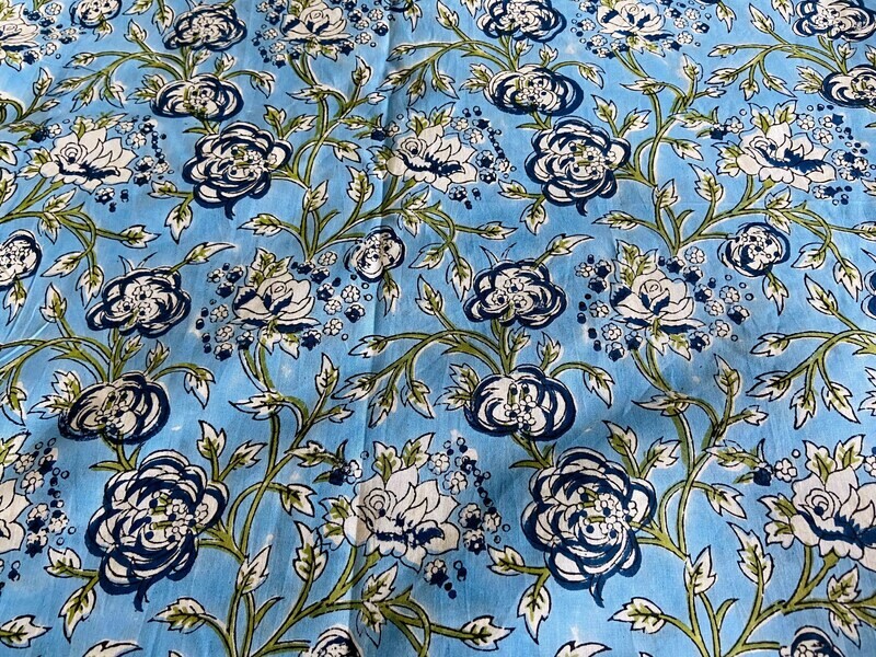 Blue floral hand block print cotton fabric for dressmaking, sewing, quilting crafting, 44 inches wide, sold by half yard