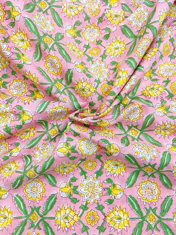 Pink  Floral Print  Indian Block Print Cotton Fabric, Sewing Quilting Crafting Fabric, 44 Inch Wide, Sold by Half Yard