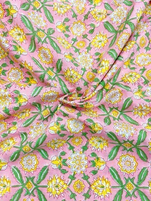 Pink Floral Print Indian Block Print Cotton Fabric, Sewing Quilting Crafting Fabric, 44 Inch Wide, Sold by Half Yard