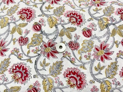 Red White Floral Hand Block Print Indian Cotton Fabric for Dress Making, Sewing Quilting Crafting Fabric, 44 Inch Wide, Sold by Half Yard