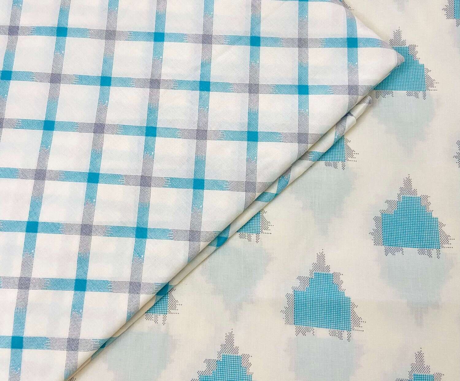 Blue White Unstitched Kurta Pajamas Set - 100% Cotton