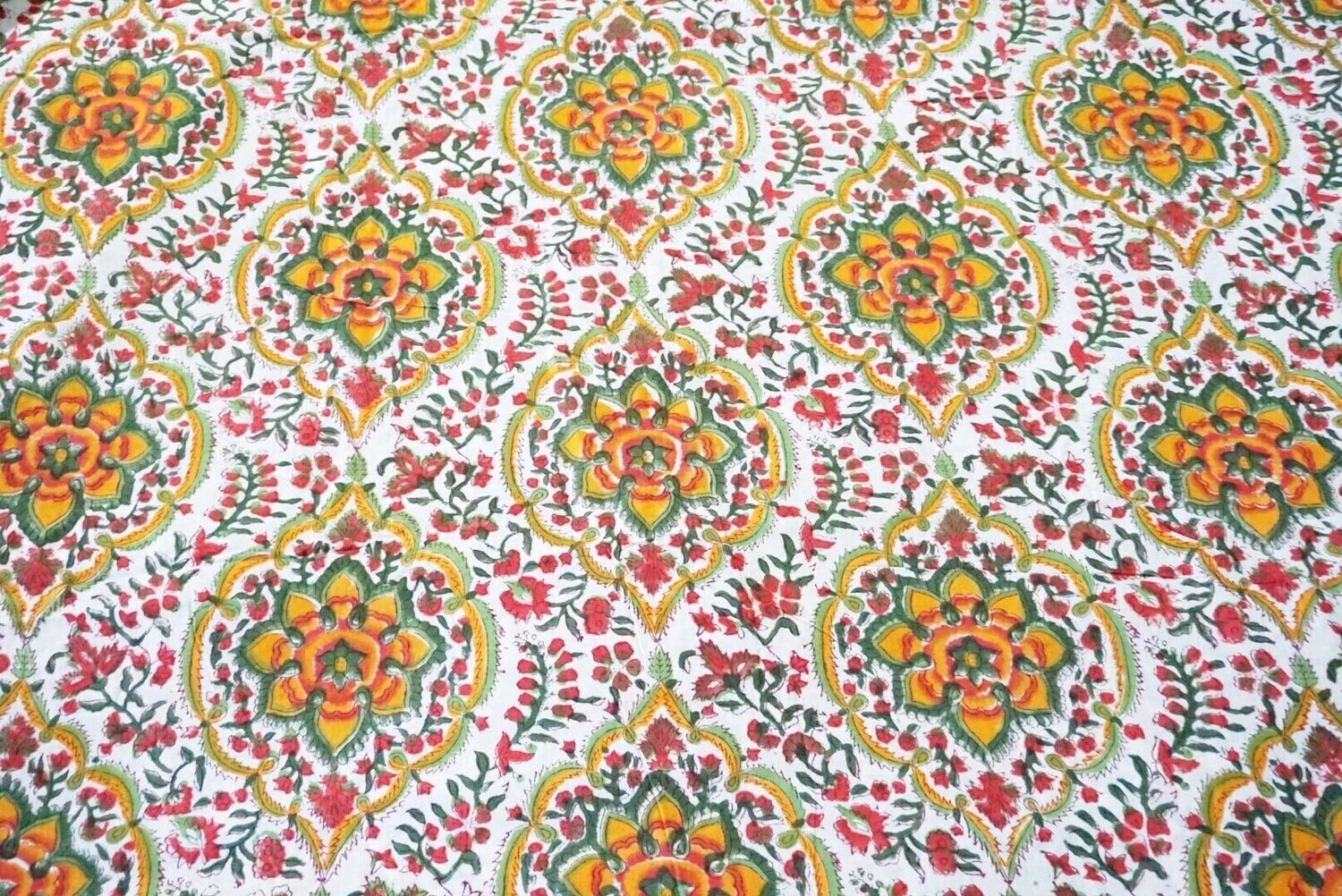 Multi Color Floral Hand Block Print Indian Cotton Fabric for Dress Making, Sewing Quilting Crafting Fabric, 44 Inch Wide, Sold by Half Yard