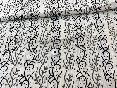 Black and White Floral Block Print Cotton Fabric, Lightweight Indian Fabrics, 44 inches wide, sold by half yard