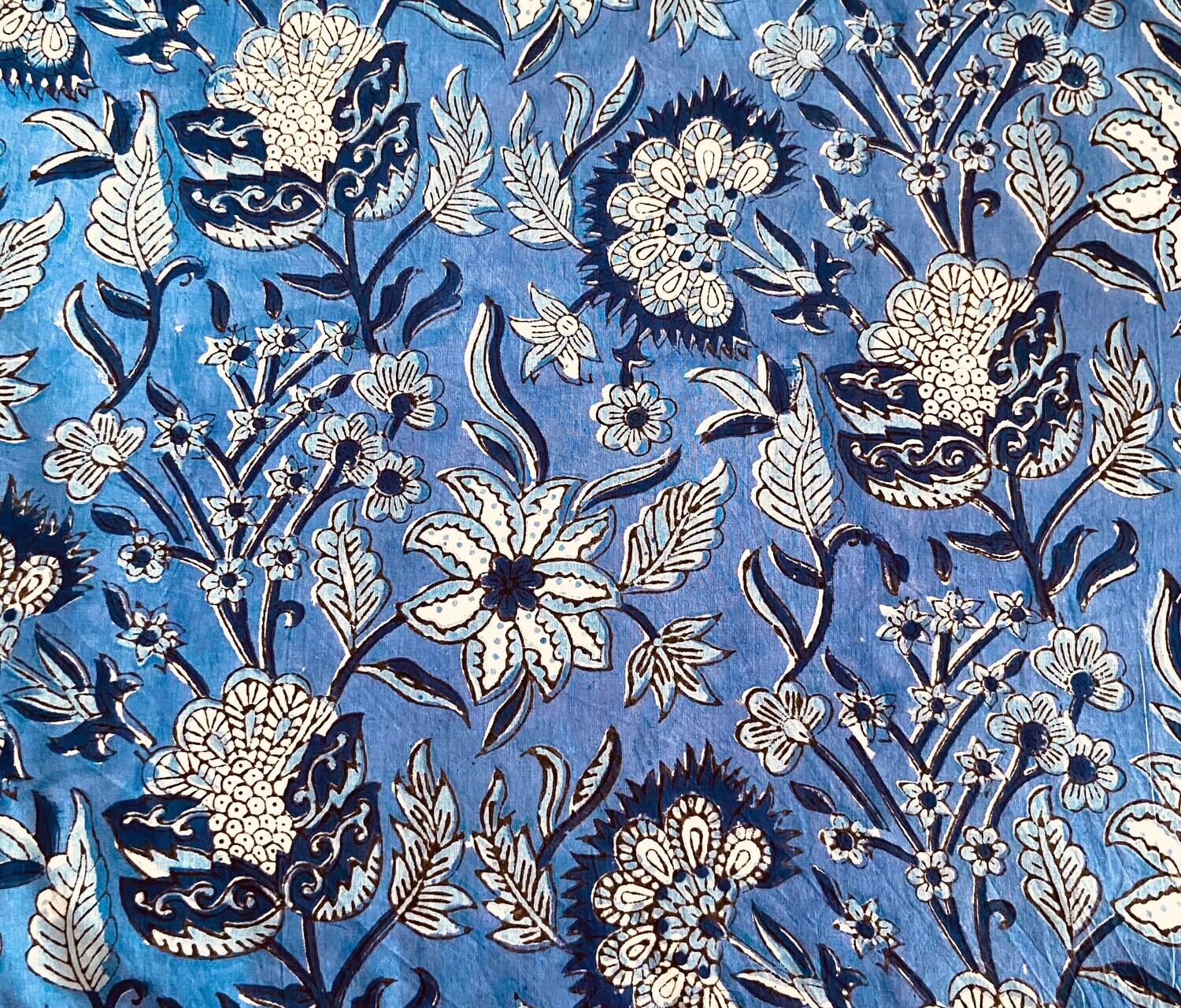Blue Floral Hand Block Print Indian Cotton Fabric for Sewing Quilting Crafting Fabric, 44 Inch Wide, Sold by Half Yard