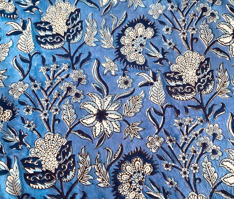 Blue Floral Hand Block Print Indian Cotton Fabric for  Sewing Quilting Crafting Fabric, 44 Inch Wide, Sold by Half Yard