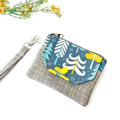 Grey Floral Wristlet Wallet - Small Handmade Wallet
