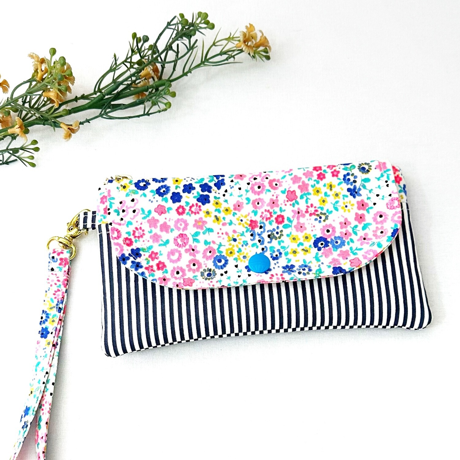 Handmade Medium Wristlet Wallet - Floral Stripes - Phone Wallet
