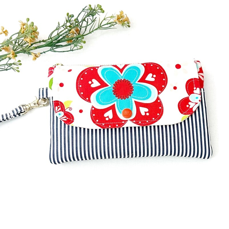 Large Wristlet Wallet - Red Floral Stripes