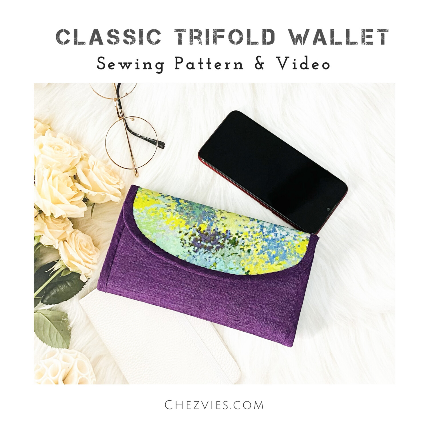 Classic Trifold Wallet PdF Sewing Pattern - Fabric Wallet - Full Templates and Video Tutorial