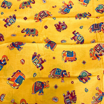 Yellow Indian Elephant Cotton Fabric