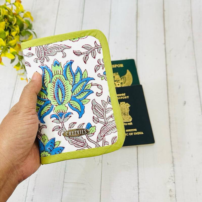 Block Print Passport Wallet - Blue Green Floral