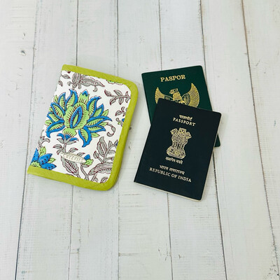 Block Print Passport Wallet - Blue Green Floral