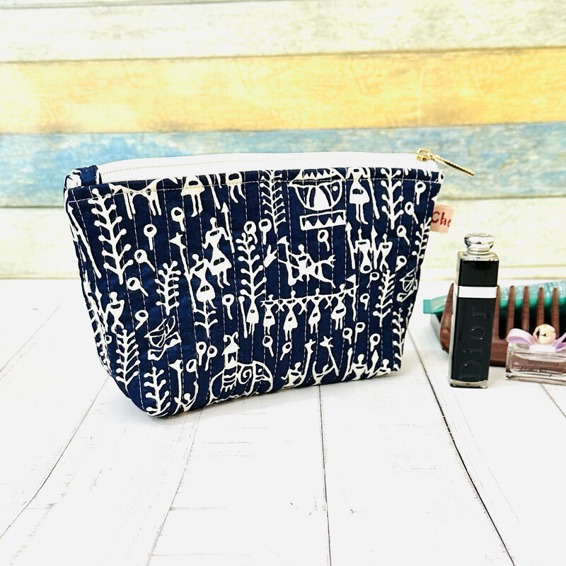 Indigo Blue Small Cosmetics Bag - Warli Folk Art