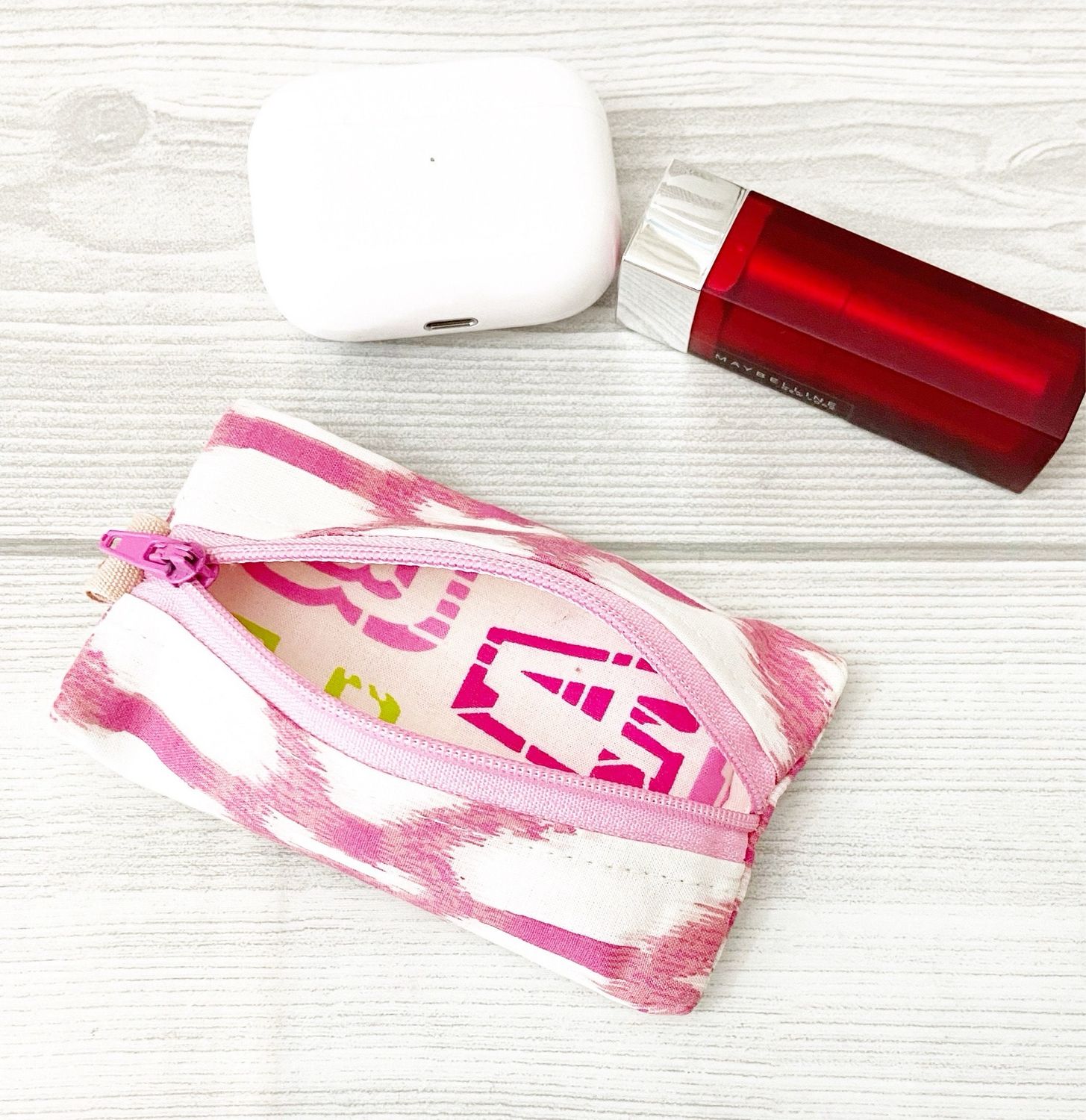 Handmade Mini Zippered Pouch - Pink Ikat