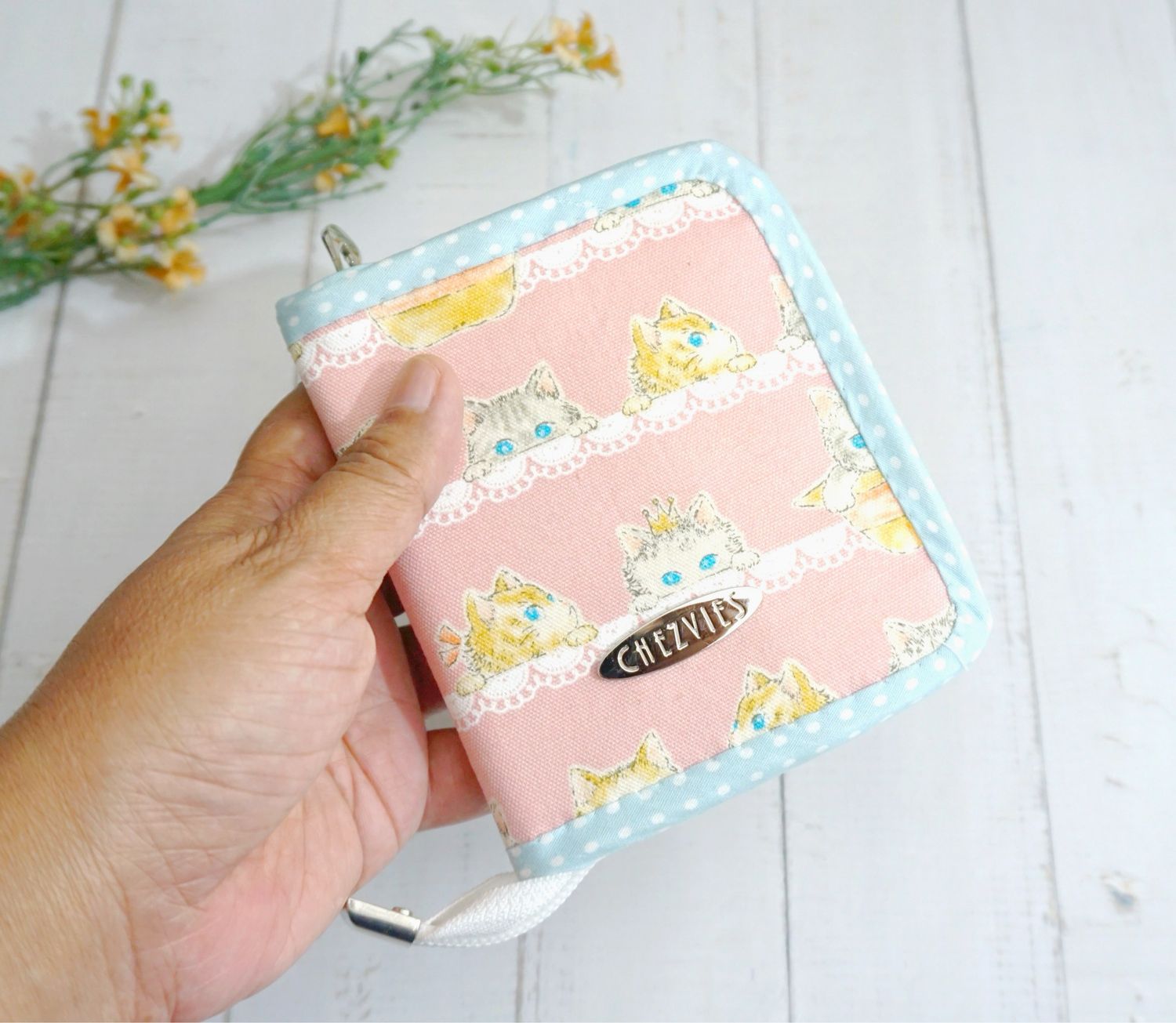 Pink Zipper Fabric Wallet For Women - Cute Kitty Print