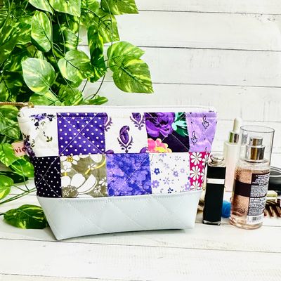 Purple Patchwork Makeup Bag With Faux Leather Combo - Medium Size