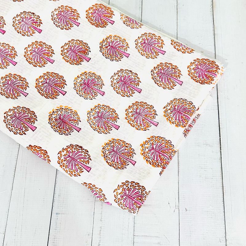 White Cotton Fabric With Pink Tree Print
