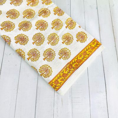 White Cotton Fabric With Yellow Tree Print