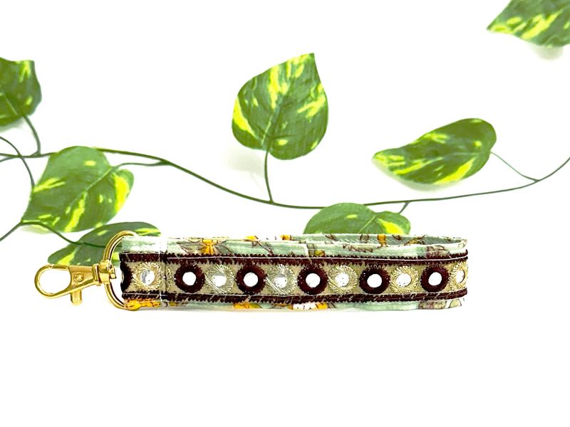 Handcrafted Embroidery Sequins Keychain - Green Brown Gold