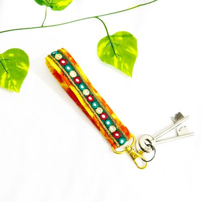 Handcrafted Mirror Embroidery Keychain - Fabric Key Fob Orange Yellow